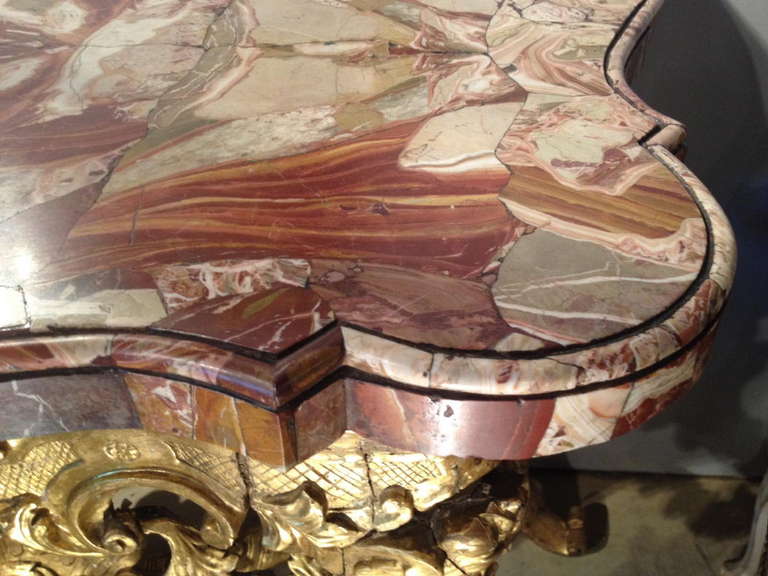 Italian Baroque Giltwood Console Table with Sicilian Jasper Veneered Top 2