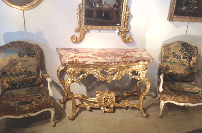 Italian Baroque Giltwood Console Table with Sicilian Jasper Veneered Top 3