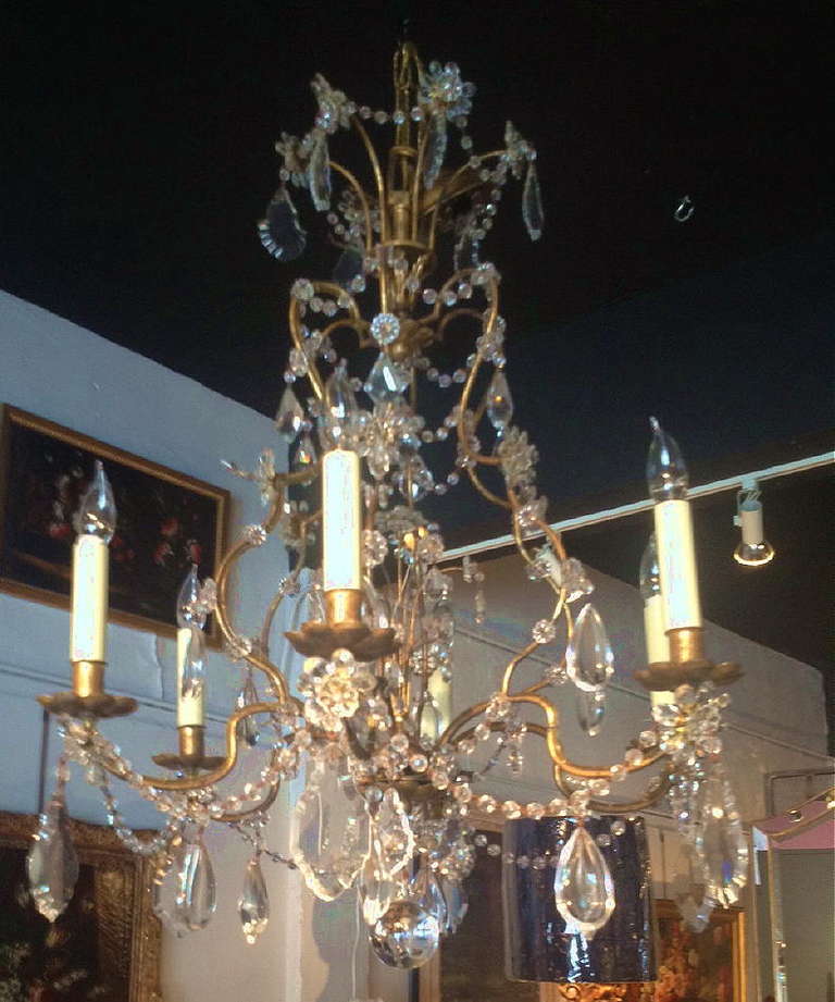 French Mid Century Gold Gilt Iron and Crystal Beaded Chandelier For Sale