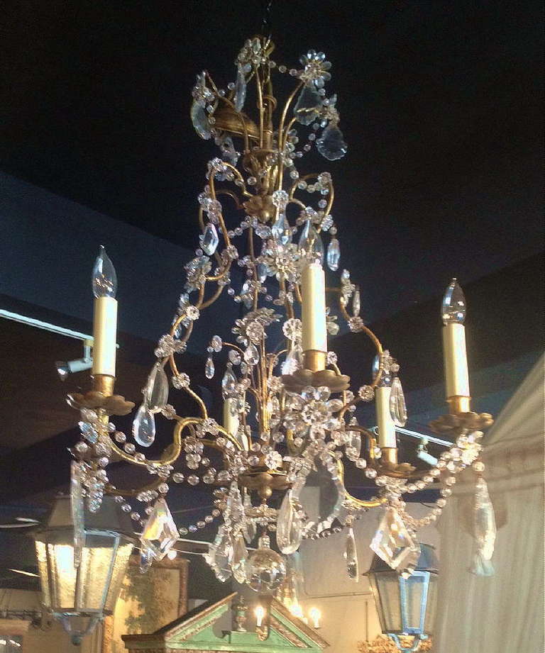 Mid Century Gold Gilt Iron and Crystal Beaded Chandelier In Excellent Condition For Sale In West Palm Beach, FL