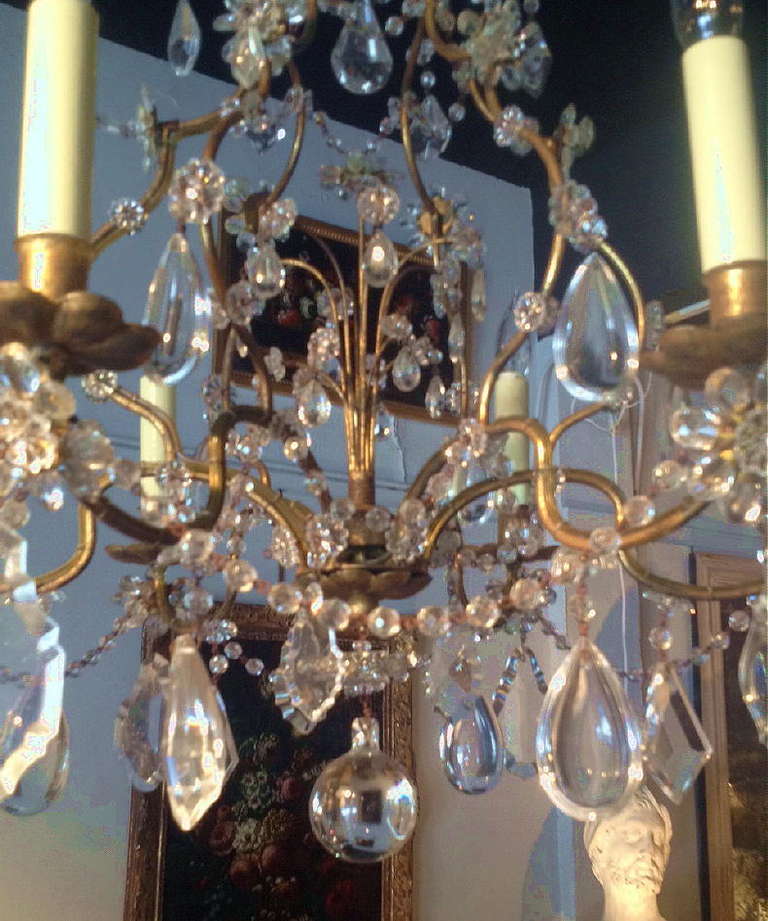 20th Century Mid Century Gold Gilt Iron and Crystal Beaded Chandelier For Sale