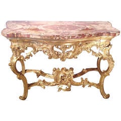Italian Baroque Giltwood Console Table with Sicilian Jasper Veneered Top