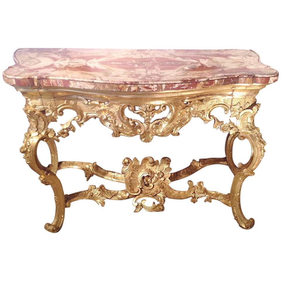 Italian Baroque Giltwood Console Table with Sicilian Jasper Veneered Top