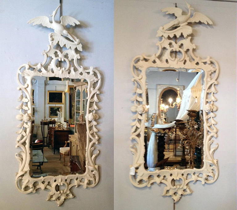 A Pair Of Mid Century Chinese Chippendale Style Mirrors. Wood And Plaster Carved With A White Painted Finish Over Old Gold Gilt.