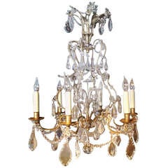 Mid Century Gold Gilt Iron and Crystal Beaded Chandelier