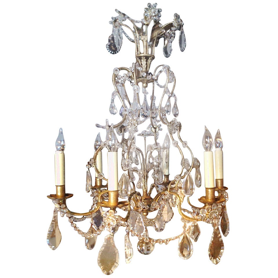 Mid Century Gold Gilt Iron and Crystal Beaded Chandelier For Sale