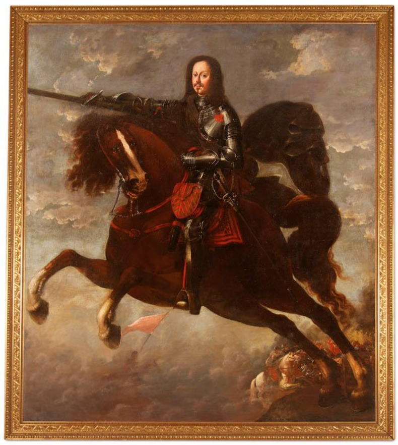 A rare monumental size museum quality 17th or 18th century oil on canvas painting depicting a nobleman or king on horse back preparing for battle. Now mounted in a newer carved and gold gilt wooden frame.