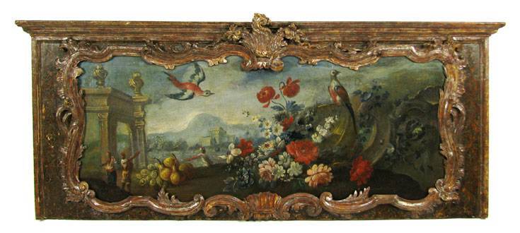 A Pair Of 18th Century Italian Oil On Canvas Paintings Mounted in Silver Gilt And Painted Frames as Overdoors.