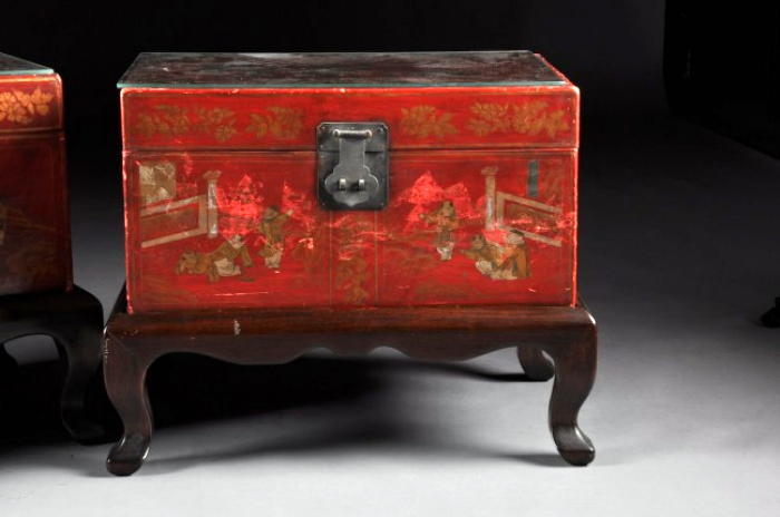 A Pair of Chinese Tea Chests On Stands. Used As Side Tables.