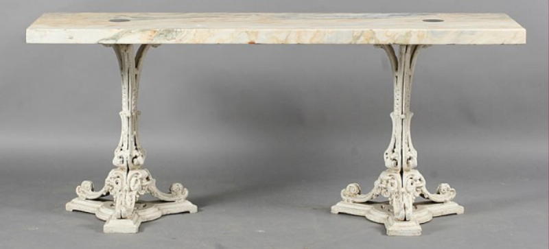 A Large Pair Of Marble Tops On Iron Bases. Can Be Used As Consoles Or Sofa Tables.