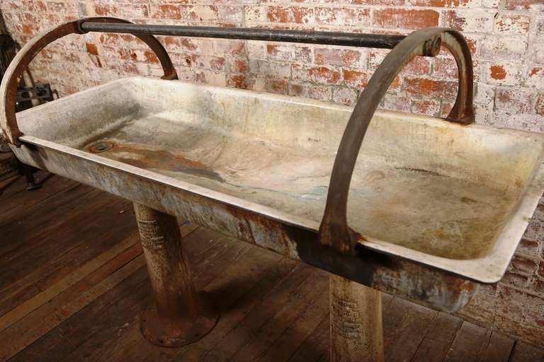 Vintage Industrial, Double Pedestal Cast Iron Sink with porcelain overlays on the basin.