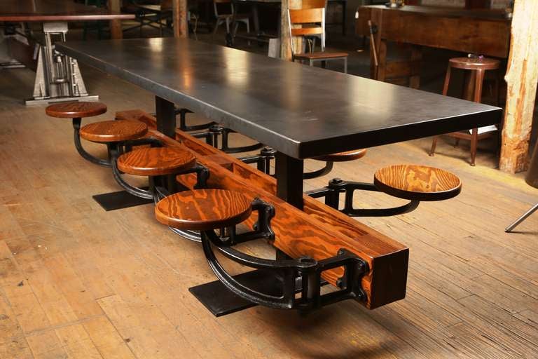 Metal Eight Seat Communal Steel Top Dining Table with Cast Iron Attached Swing Seats For Sale