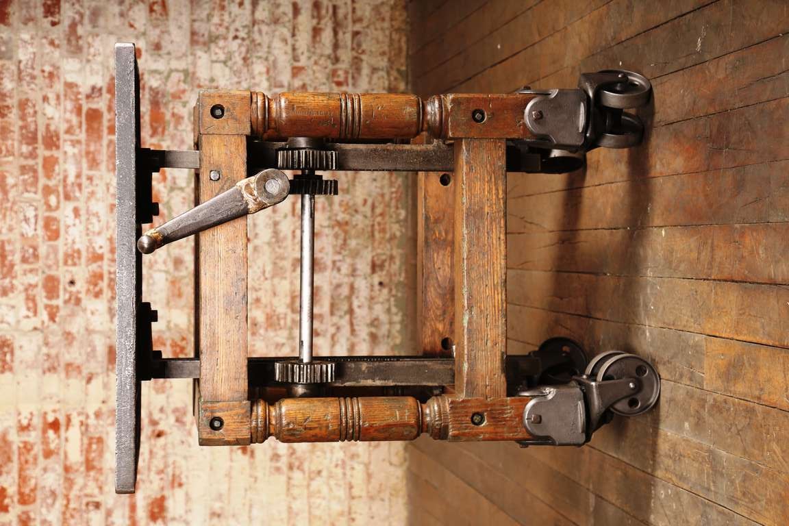 Vintage Industrial, Adjustable Wood & Cast Iron Turtle Table.  Top adjusts from 34
