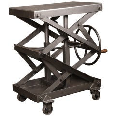 Vintage Industrial Adjustable Steel Factory Scissor Lift Rolling Table - Cart