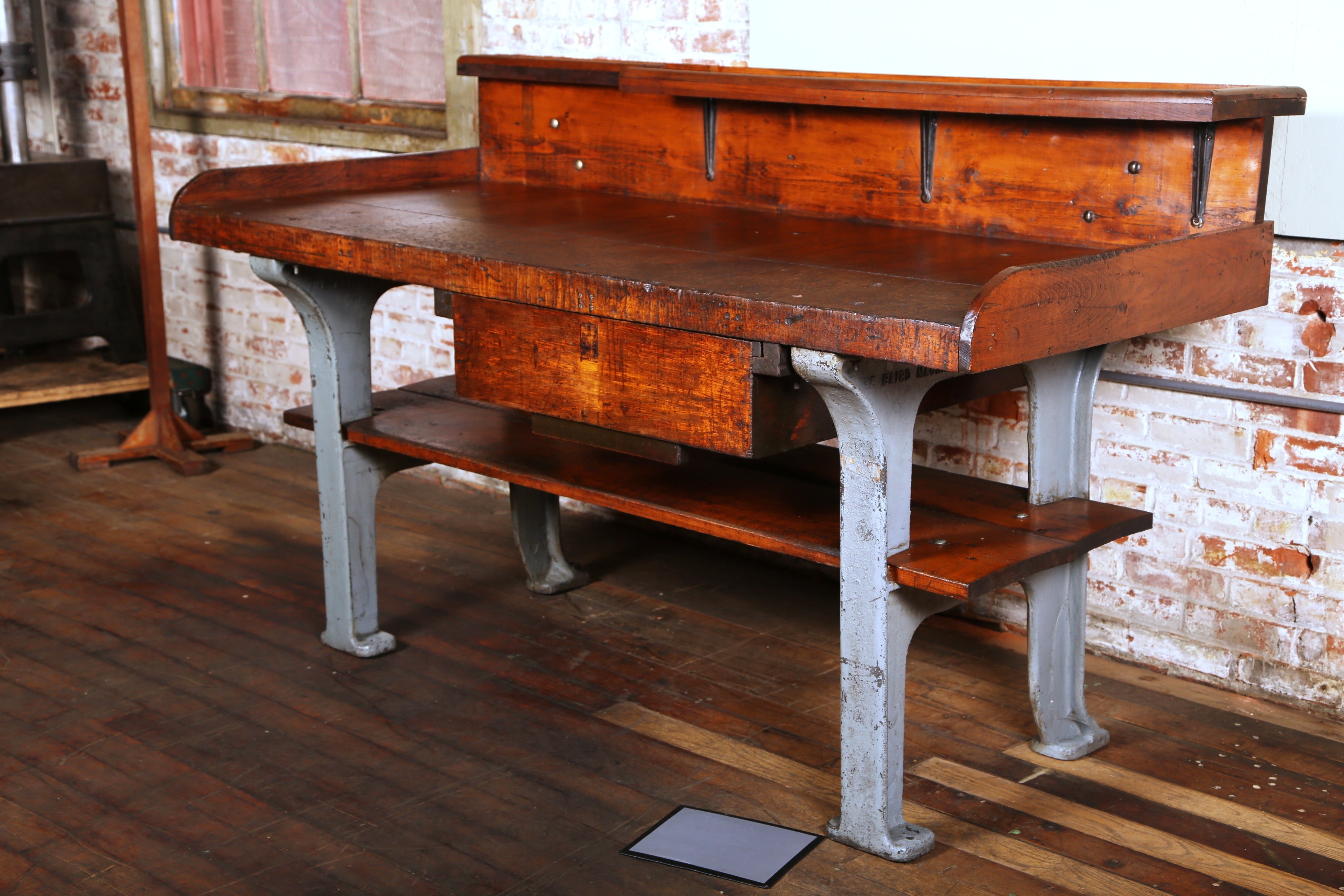 Vintage Industrial Rustic Wood & Cast Iron Work Bench - Table - Desk
