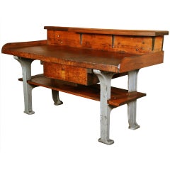 Vintage Industrial Rustic Wood & Cast Iron Work Bench - Table - Desk 1