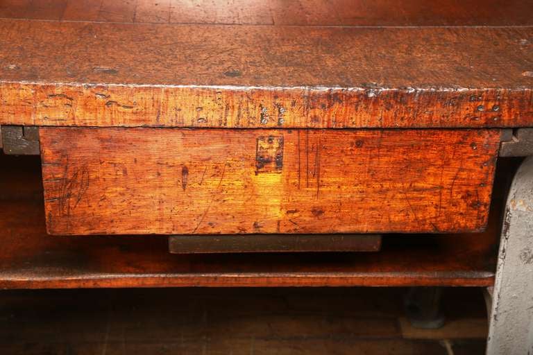 Vintage Industrial Rustic Wood & Cast Iron Work Bench - Table - Desk In Distressed Condition In Oakville, CT