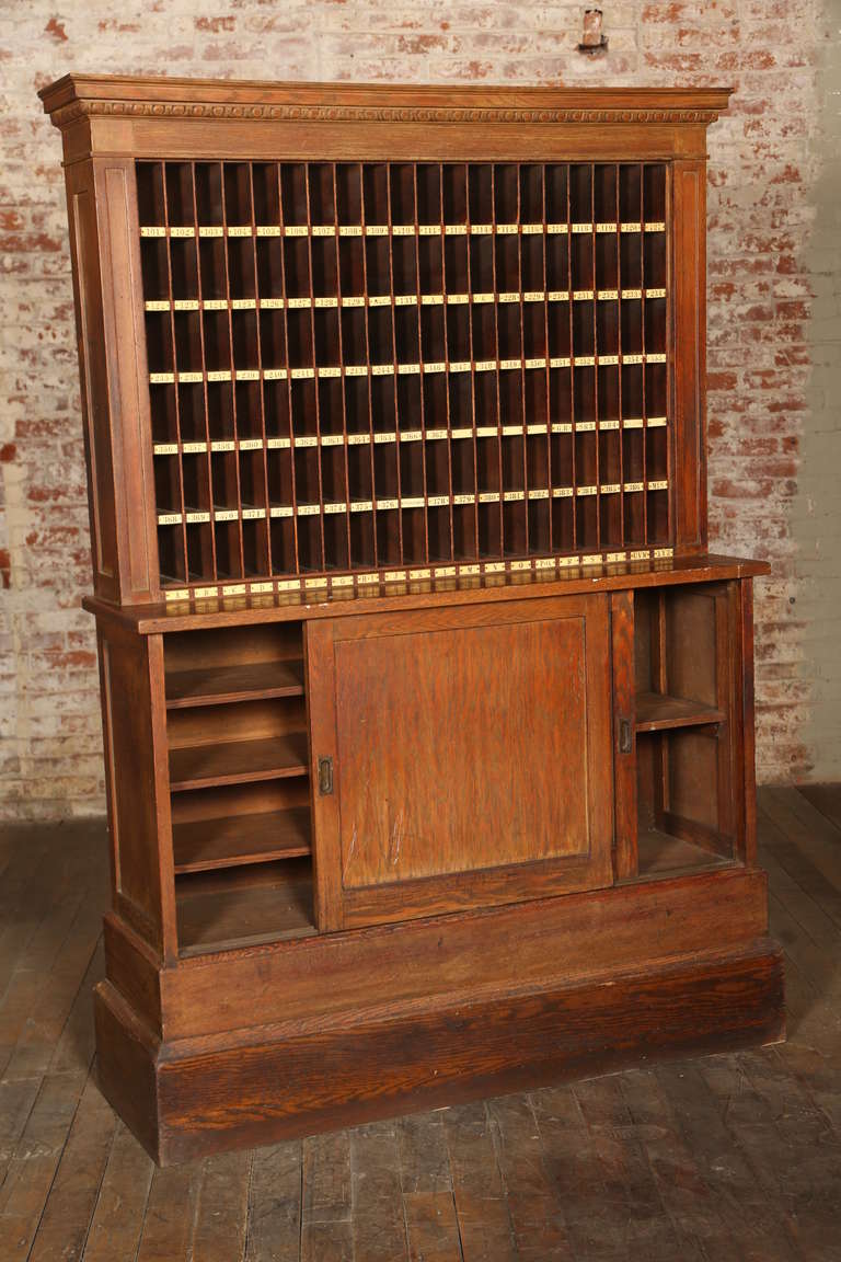 19th Century Antique, Industrial Wooden Hotel Telegram Storage Cabinet Hutch Hall Stand