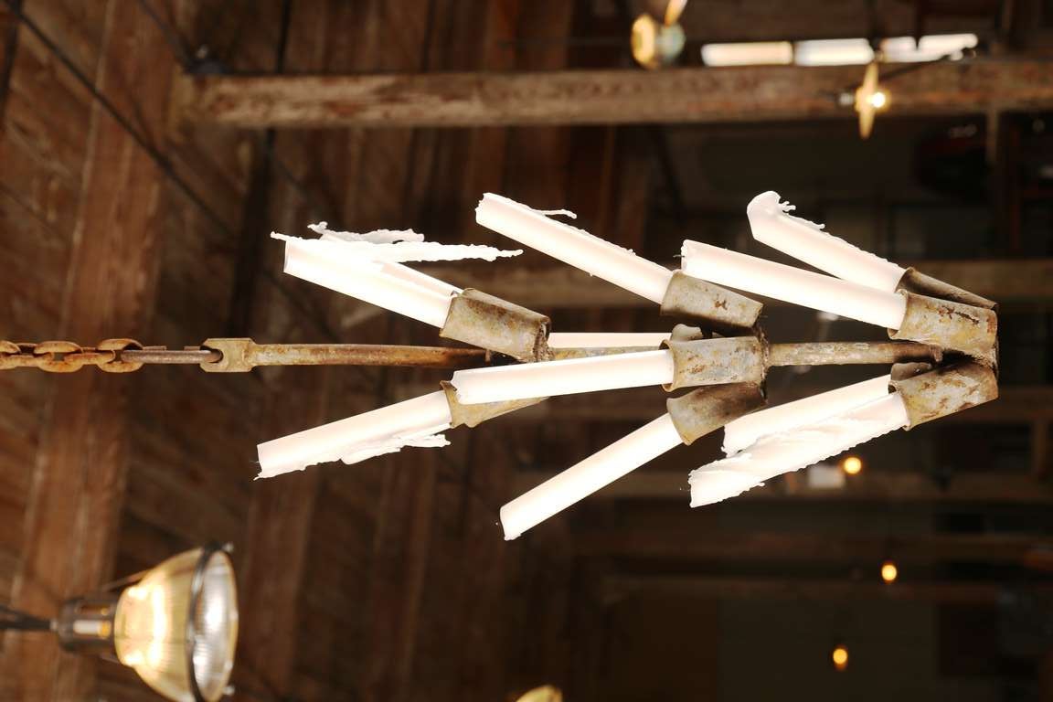 Hanging Metal Vintage Industrial Modern Pendant Hanging Lighted Candelabra. Beautifully Aged Metal. Candles are 12 x 1 1/4
