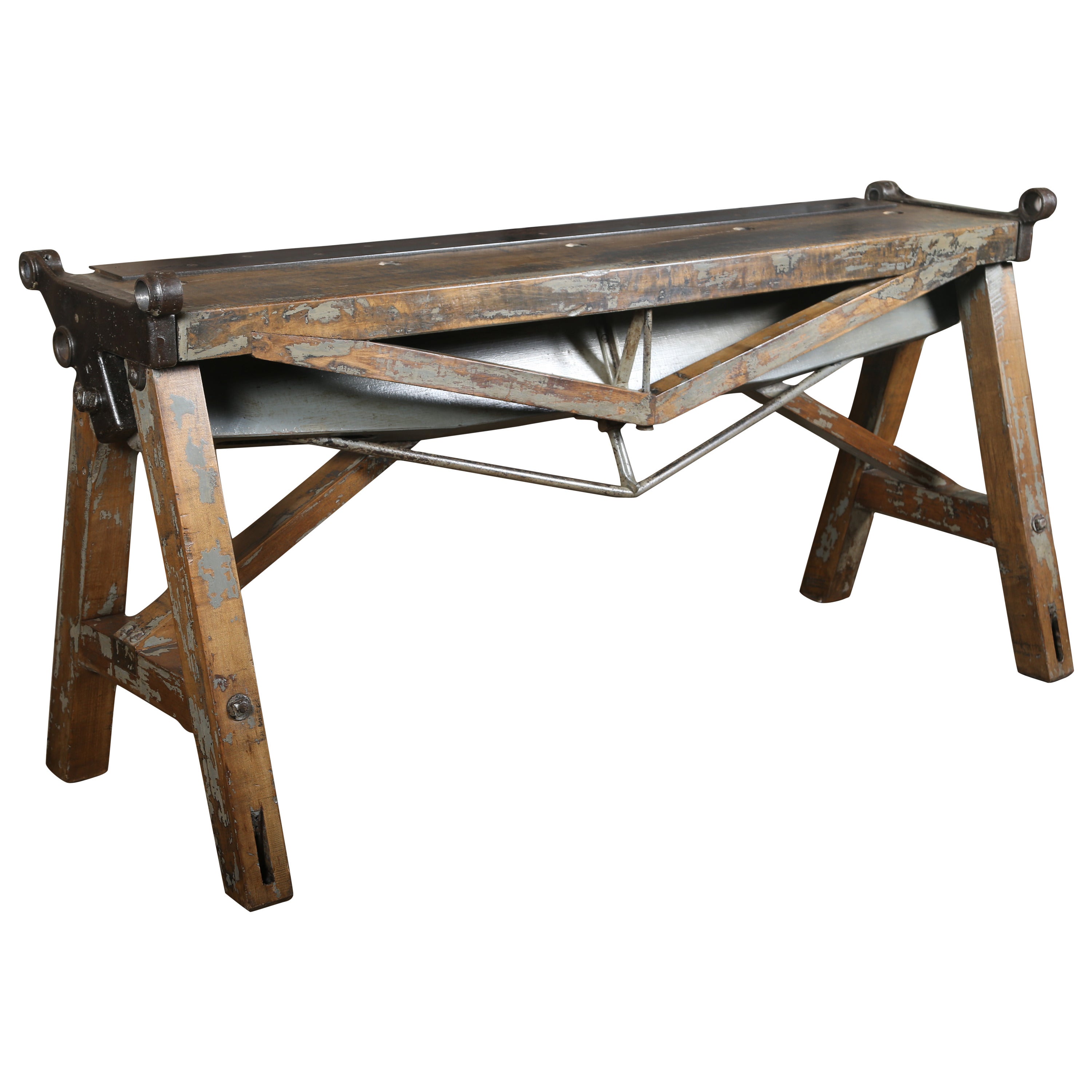 Rustic Antique Industrial Cast Iron, Steel and Wood Factory Brake Table-Stand