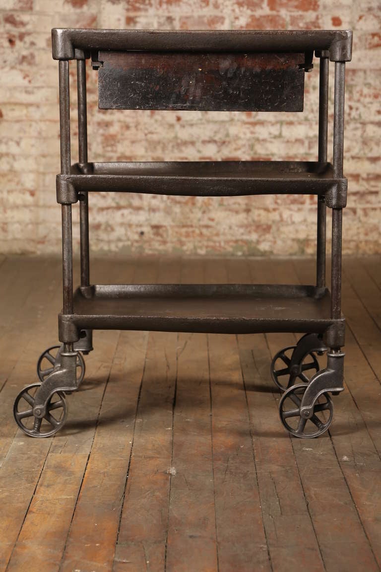 Vintage Industrial, Three Tier Storage Cart/Table with Draw.  Original and Made in USA.  Wooden draw inside dimensions are 16