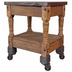 Vintage Wood, Steel and Cast Iron Turtle Table on Castors