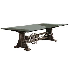 Vintage Industrial Cast Iron Glass Adjustable Conference Dining Table Desk Base 2