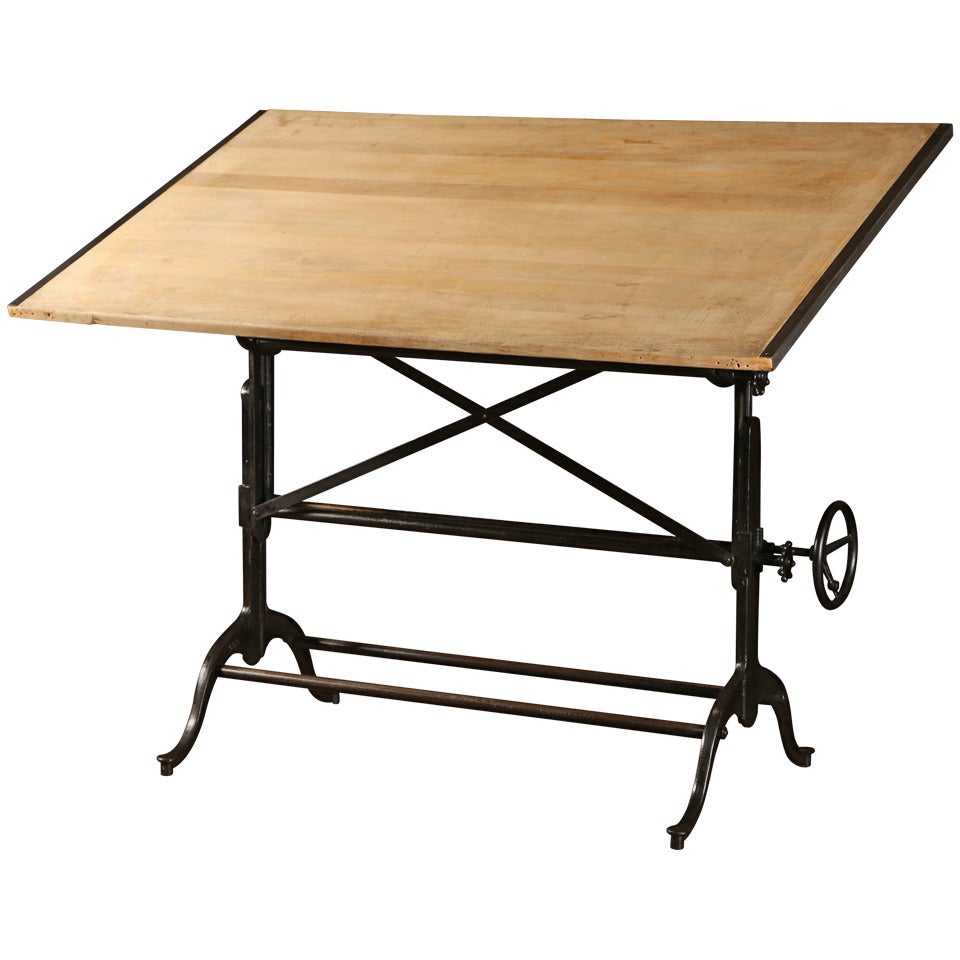 Drafting Table with Cast Iron Base, Vintage Industrial & Original