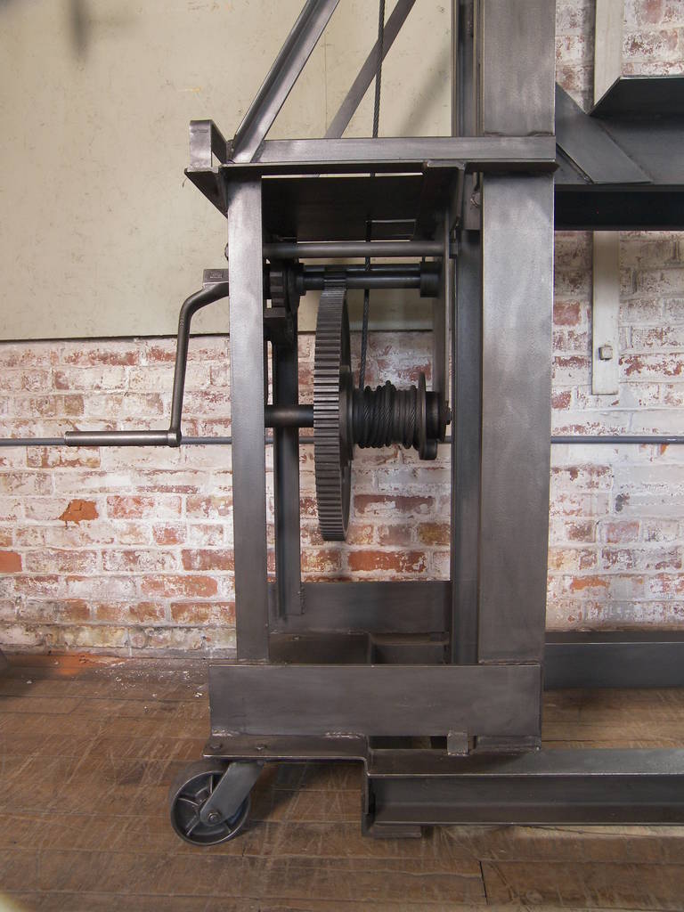 Vintage Industrial Steel Manual Machine Age Factory Die Lift, Crank Table Cart 1