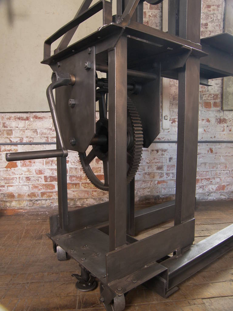 Vintage Industrial Steel Manual Machine Age Factory Die Lift, Crank Table Cart 2