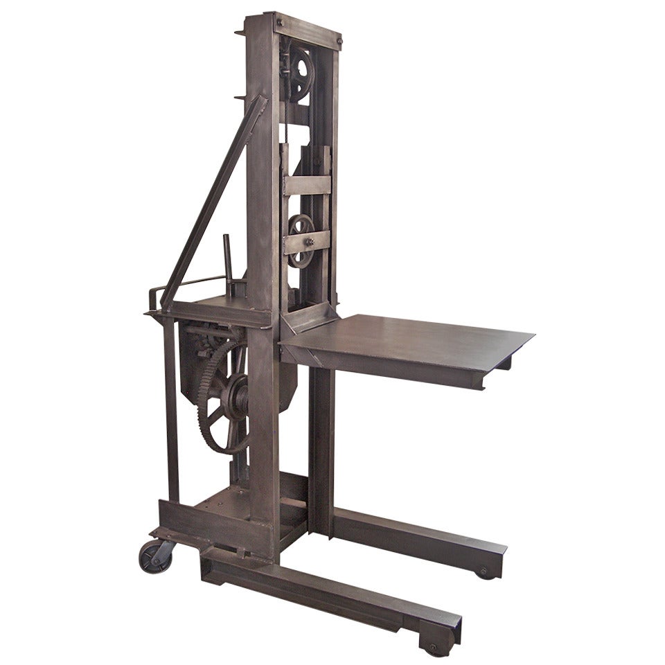 Vintage Industrial Steel Manual Machine Age Factory Die Lift, Crank Table Cart