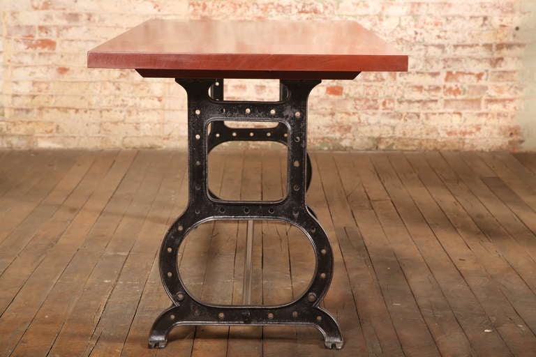 Industrial Vintage Rustic Wooden Mahogany Steel & Cast Iron Farm Dining - Conference - Work Table - Desk. New Mahogany Top on Vintage Cast Iron legs. The legs Measure 19 3/4