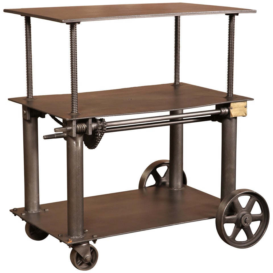 Vintage Industrial Adjustable Crank Up Factory Cast Iron Table Rolling Bar Cart