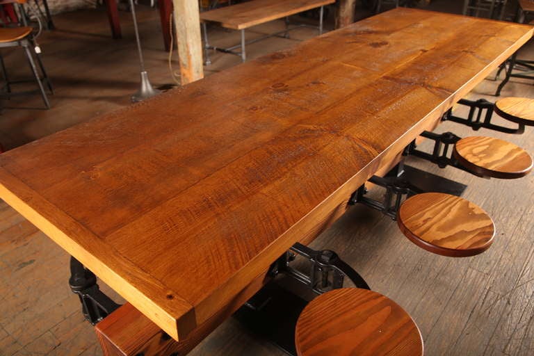 American Dining Table Vintage Industrial Cast Iron, Steel & Wood Swing Out Seat