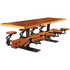 Dining Table Vintage Industrial Cast Iron, Steel & Wood Swing Out Seat 2
