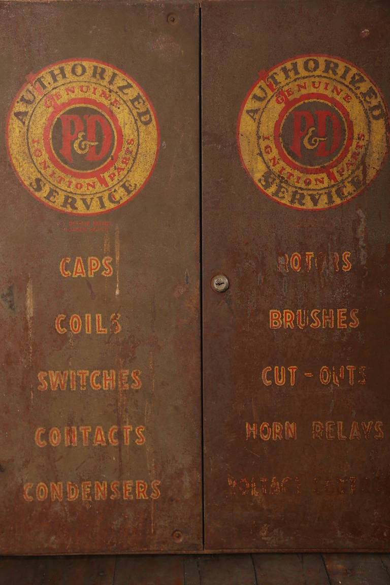 20th Century Vintage Industrial Metal Rusty Rusted Steel Automotive Storage Parts Cabinet