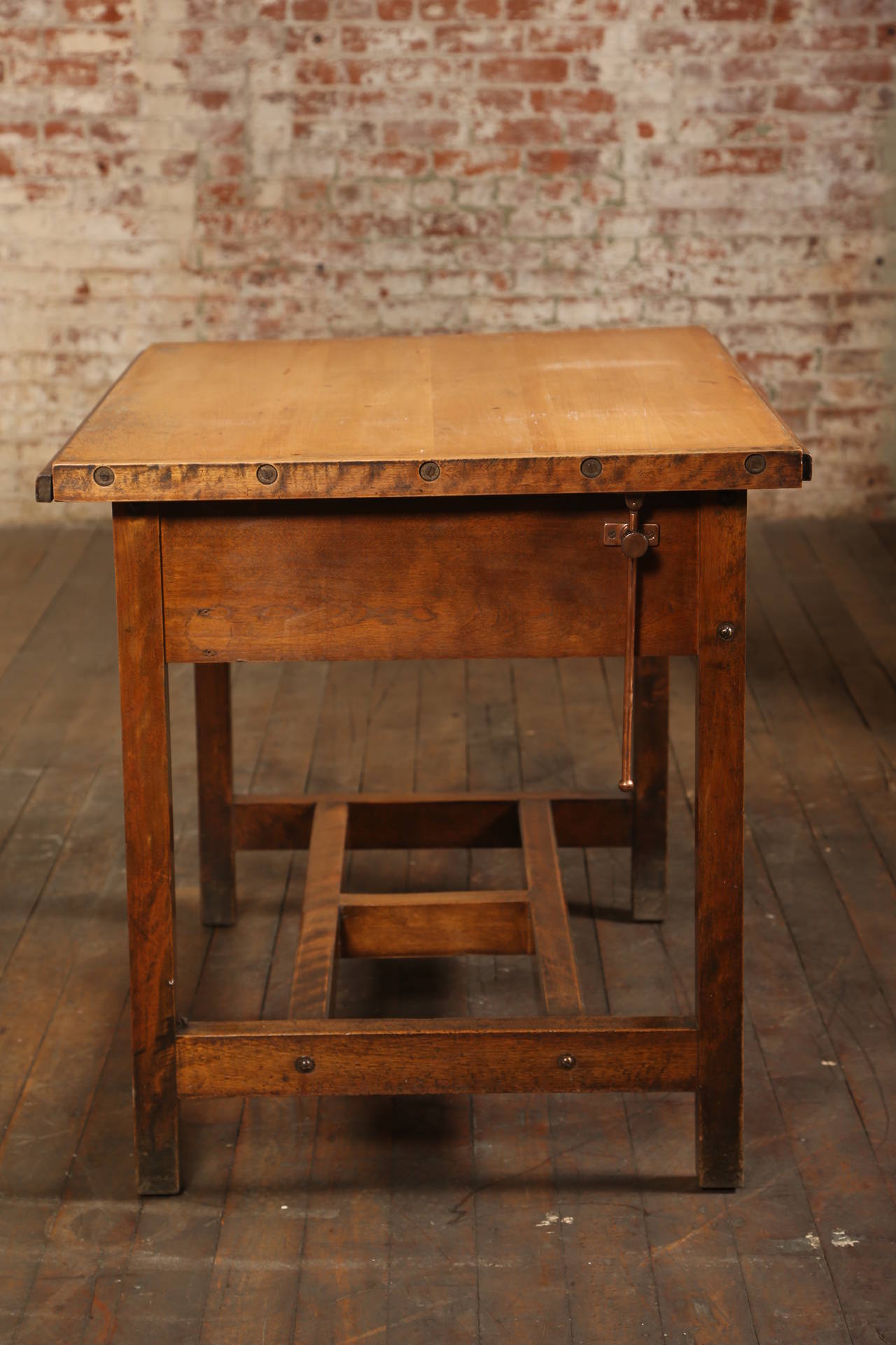 Wood Vintage Industrial Drafting Table or Desk with Drawer