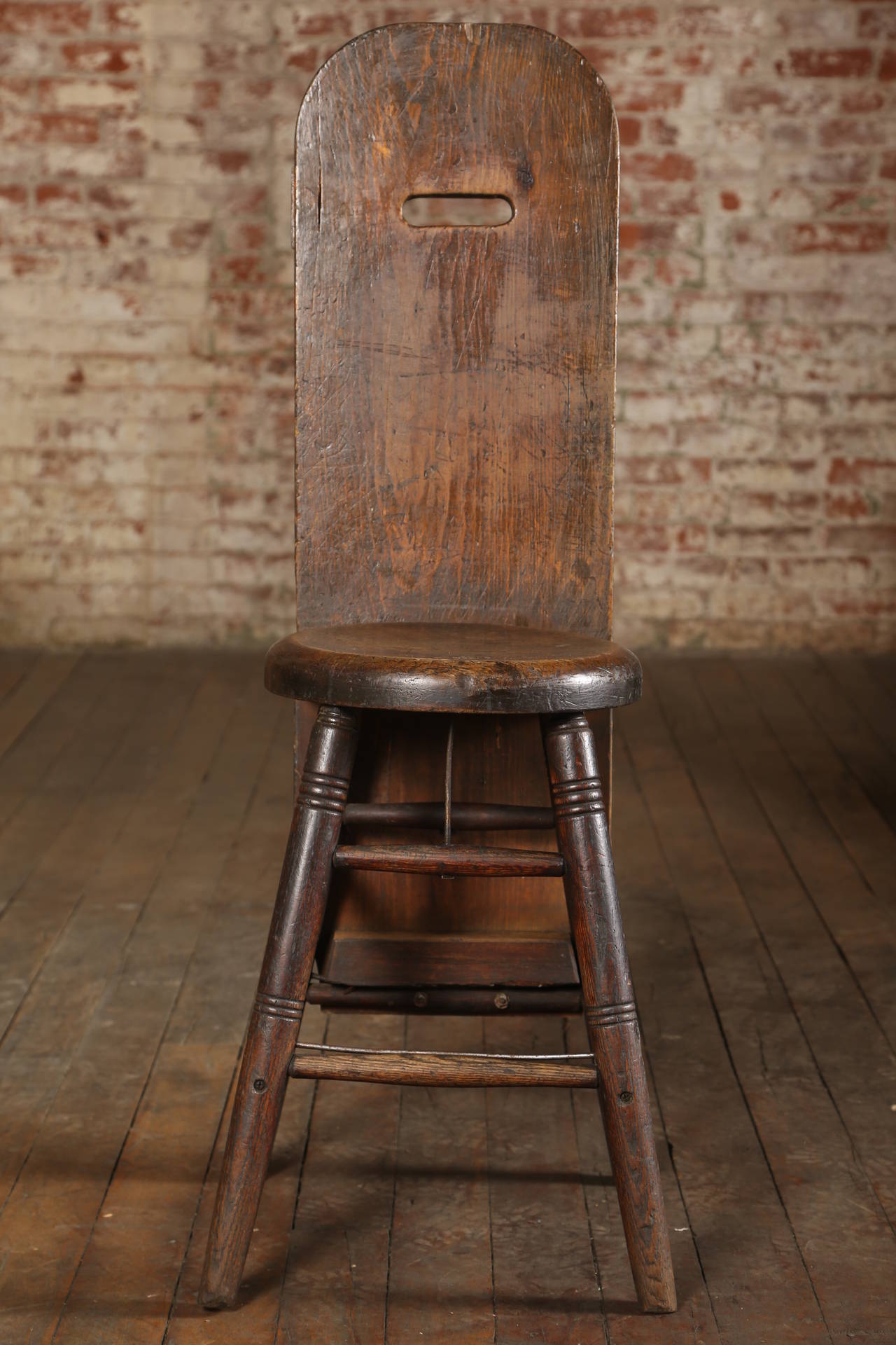 Original Unique American Made Vintage Industrial Factory Oak Shop Stool, Chair with Pine Back. Stool Height Measures 21