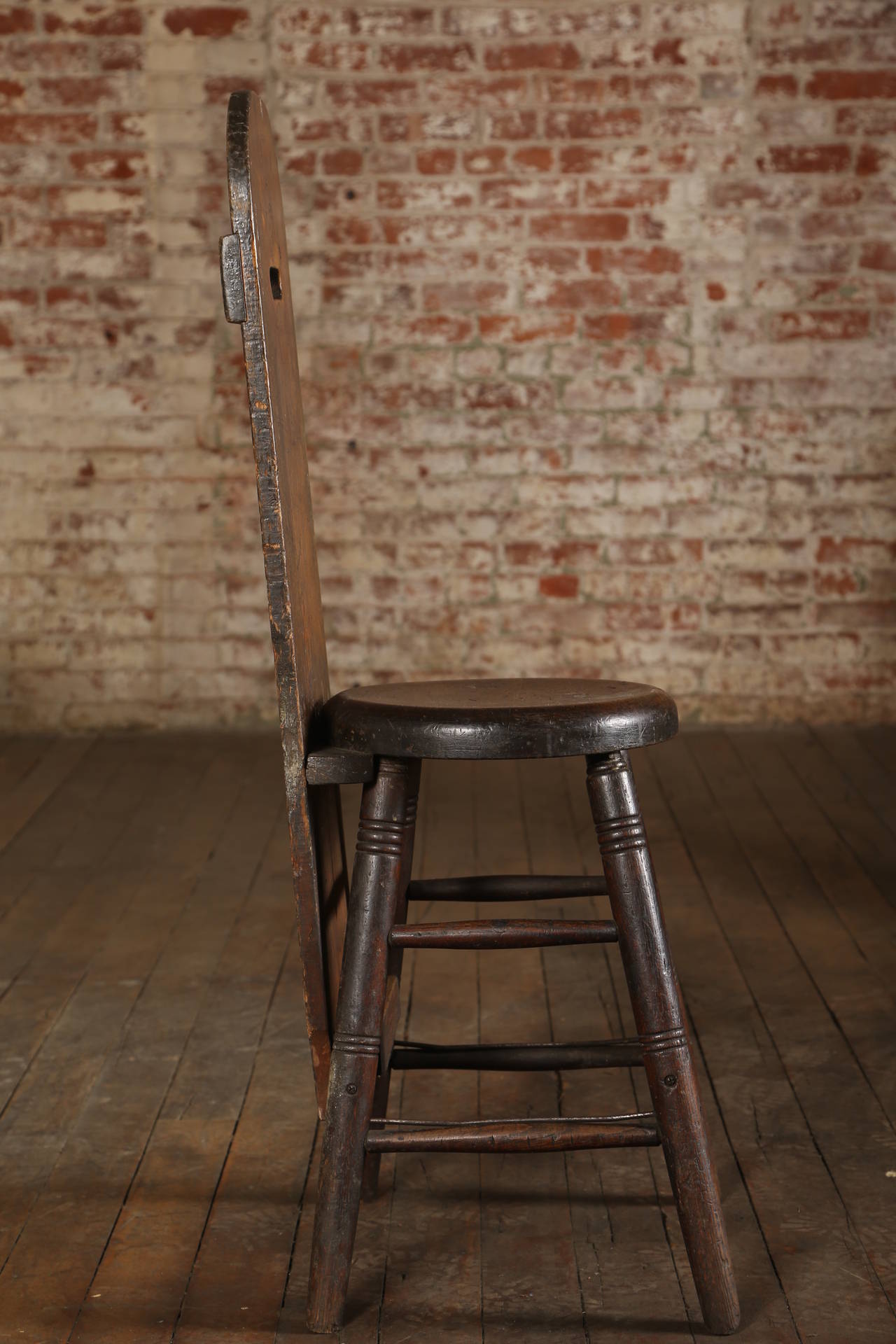 American Vintage Industrial Factory Wooden Wood Unique Oak Shop Stool, Chair Pine Back For Sale