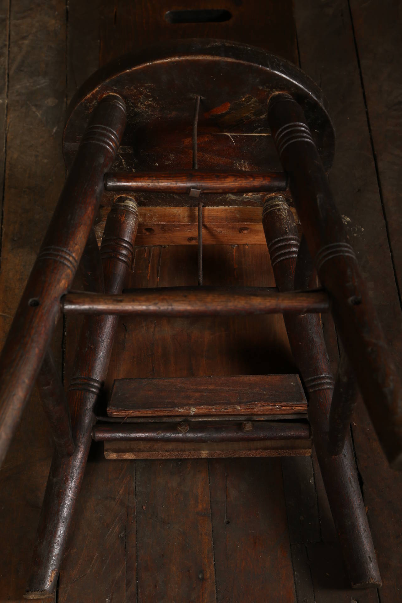 20th Century Vintage Industrial Factory Wooden Wood Unique Oak Shop Stool, Chair Pine Back For Sale