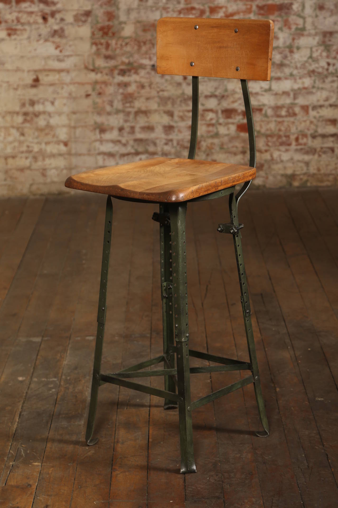 Vintage Industrial Adjustable Wood, Metal Frame Stool