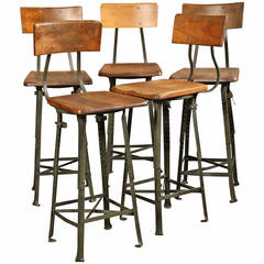Vintage Industrial Adjustable Wood, Metal Frame Stool