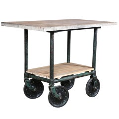 Vintage Industrial Wood Marble Stone Top Island - Rolling Bar Cart - Table