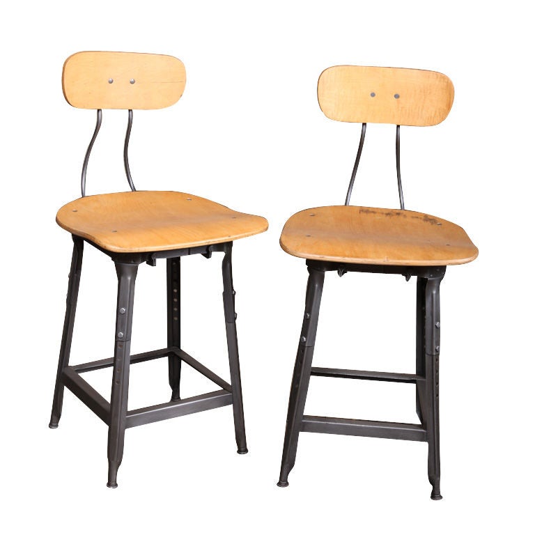Pair of 2 Vintage Industrial Bent Plywood 
Metal Stools