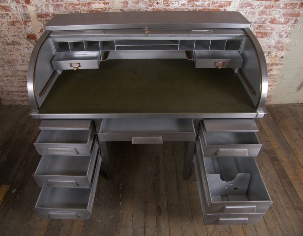 20th Century Vintage Refinished Metal Roll Top Desk