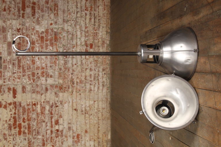 Vintage Industrial Ceiling Light, Metal Holophane Lamp with Aluminum Shade, Pole can be Sized to any Length, Multiples and Glass Model Available. Light is 13 1/2