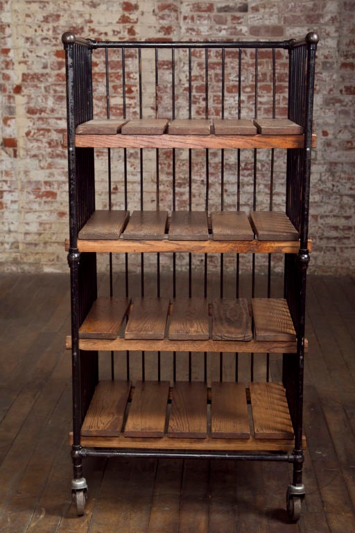Vintage Industrial wood & Metal Rolling Bindery Cart with four shelves.  Beautiful, movable and useful.