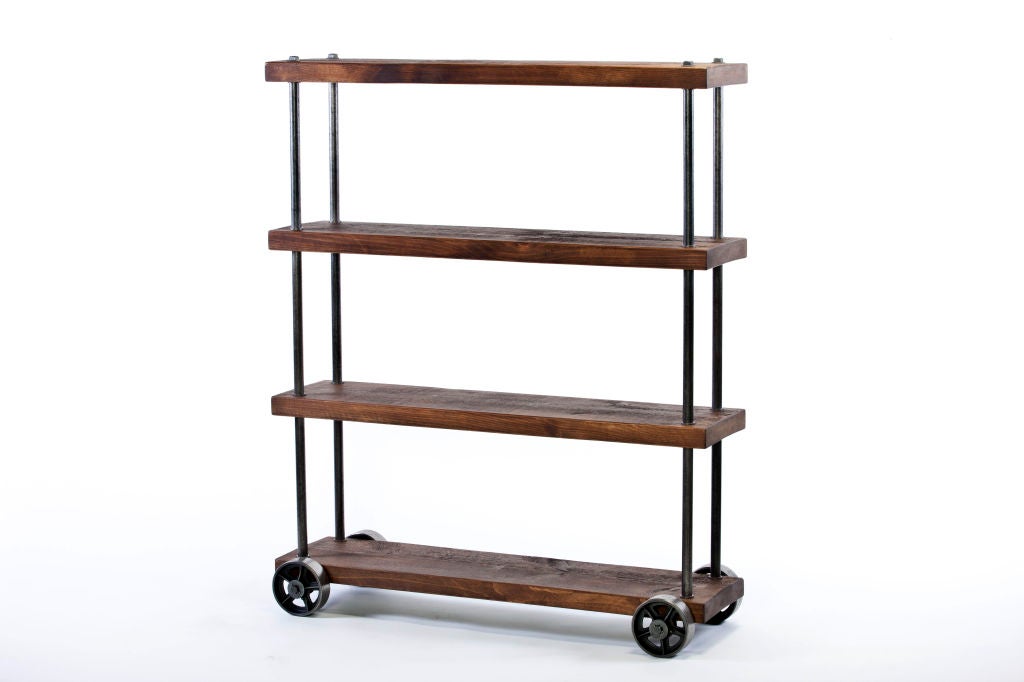 Industrial Wood & Steel, Iron Storage Shelving Rolling Cart on Casters Shelf heights are 5 1/2", 22 1/2" and 40" top shelf is 57 1/2" (Quantities and customizing are available on all "Dept 87" items.)