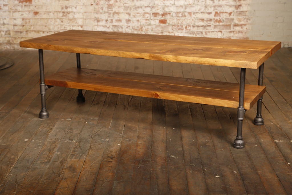 Custom Two Tier CoffeeTable with Two Pine Top and Shelf.  Vintage Industrial Rustic Coffee Table made From Cast Iron, Steel, and Wood. Can be Made to Your Specifications, with a Wood, Steel, or Glass Top. 