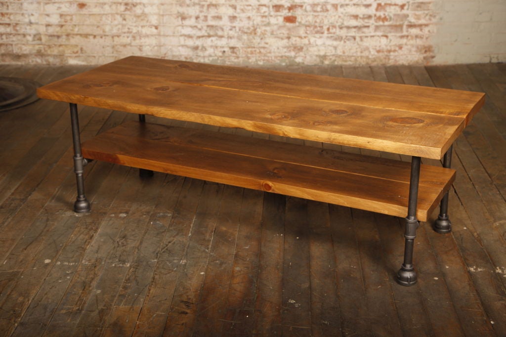 American Coffee Table Vintage Industrial Custom Two Tier Wood & Cast Iron, Steel w Shelf